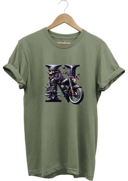 N Harfi Baskılı Motosiklet Kuru Kafa %100 Pamuk Regular Fit Bisiklet Yaka T-Shirt