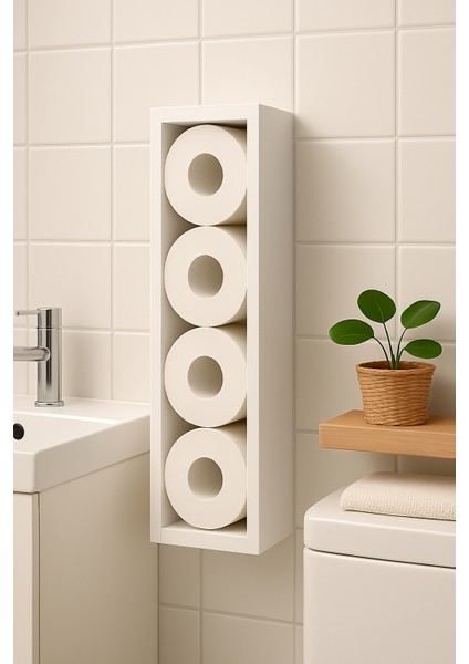 Dikey Tuvalet Kağıtlığı – 4 Rulo Kapasiteli – Duvara Monte – Beyaz Mdf – Minimalist Tasarım