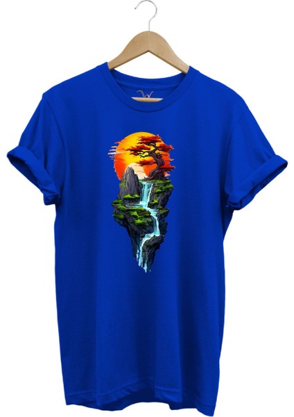 Manzara Ağaç Güneş Dağ ve Nehir Baskılı %100 Pamuk Regular Fit Bisiklet Yaka T-Shirt