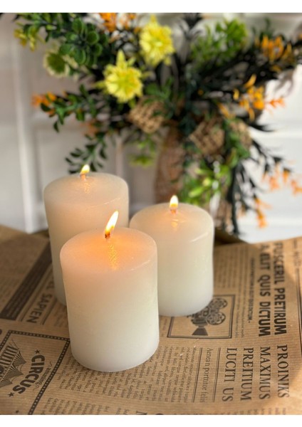 Silindir 3'lü Beyaz Mum Seti Kütük Mum Baton Mum Silindir Mum Seti Ebatları 6-8-11 cm modelleri