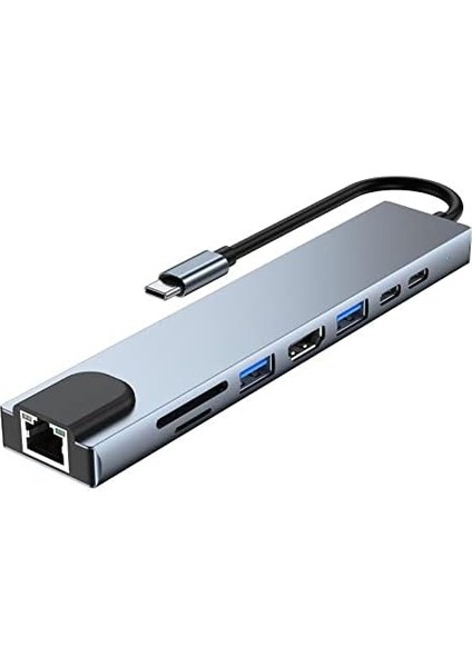 Plus PX-U520 4K@30Hz Gri Metal Type-C To 4K Hdmı+Usb 3.0+RJ45+SD Kart+Pd Şarj Çevirici Adaptör