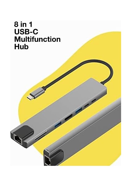 Plus PX-U520 4K@30Hz Gri Metal Type-C To 4K Hdmı+Usb 3.0+RJ45+SD Kart+Pd Şarj Çevirici Adaptör