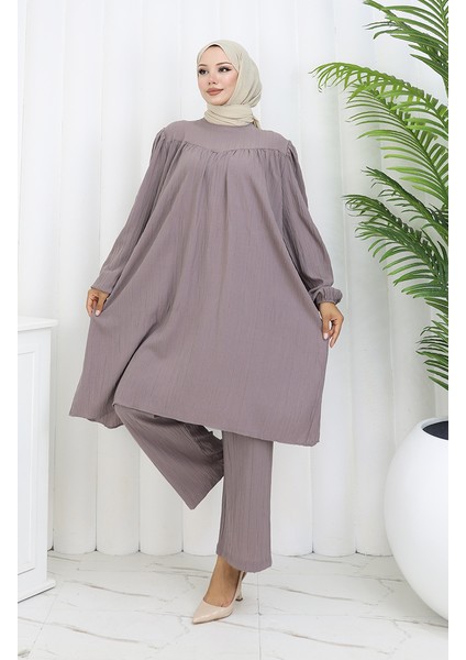 Büzgülü Tunik Pantolon Ikili Takım 2089-03 Vizon
