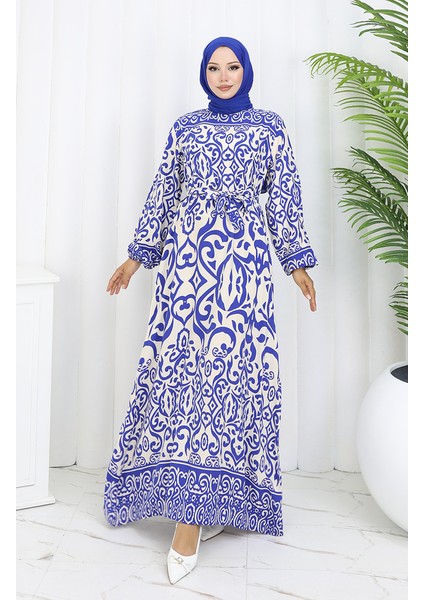 Desenli Kuşaklı Elbise 2091-02 Beyaz Lacivert