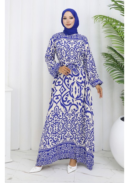 Desenli Kuşaklı Elbise 2091-02 Beyaz Lacivert fiyatları