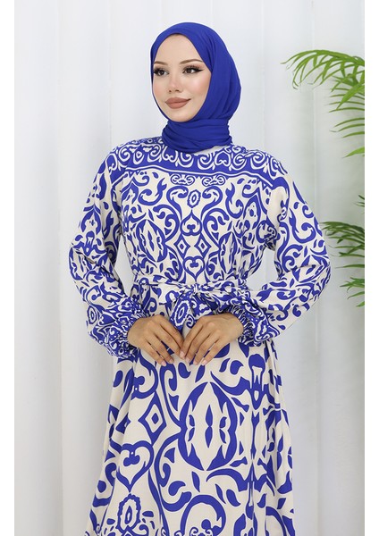 Desenli Kuşaklı Elbise 2091-02 Beyaz Lacivert modelleri