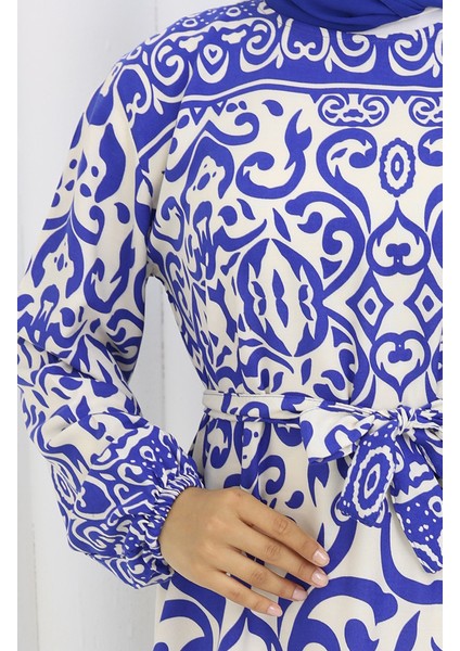 Desenli Kuşaklı Elbise 2091-02 Beyaz Lacivert fırsatları