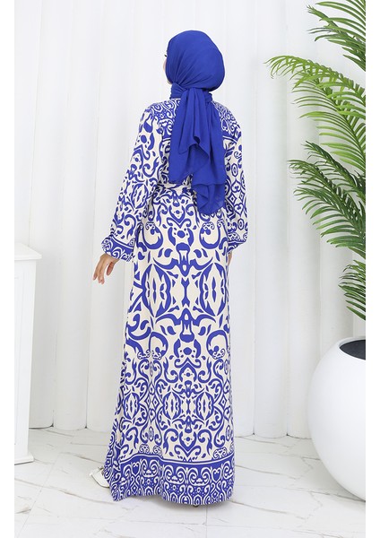 Desenli Kuşaklı Elbise 2091-02 Beyaz Lacivert indirimleri