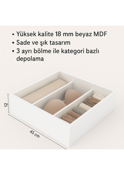 3 Bölmeli Beyaz Mdf Iç Çamaşırı Düzenleyici – Gardırop Içi Organizer