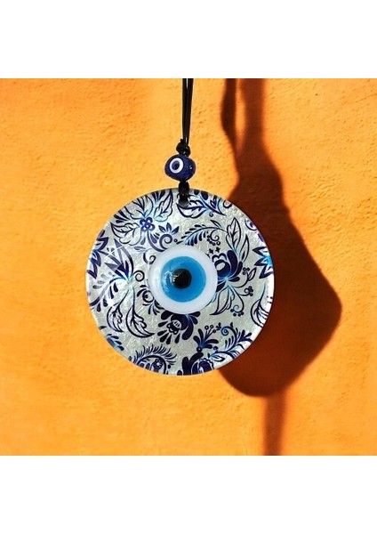 Nazar Boncuklu Yaprak Desenli Gümüş Rengi Füzyon Cam El Yapımı 12 cm Duvar Süsü Nazarlık Hediyelik Eşya