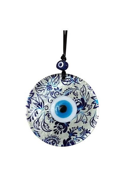 Nazar Boncuklu Yaprak Desenli Gümüş Rengi Füzyon Cam El Yapımı 12 cm Duvar Süsü Nazarlık Hediyelik Eşya