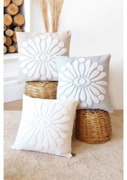 Boho Tarzı Ekru Punch Desenli Pamuk ve Mikro Polyester Çift Yönlü, Gizli Fermuarlı Dekoratif Kırlent Kılıfı