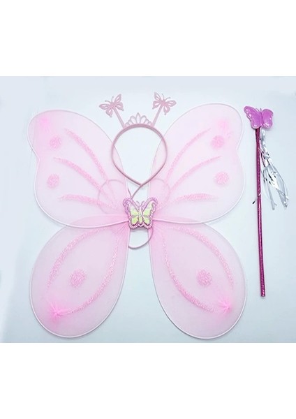 Toz Pembe Renk Kelebek Kanadı Tacı ve Sopası 50X37 cm