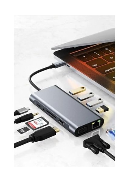 11IN1 Macbook iPad Typec Uyumlu Çevirici Adaptör 11 Port Hdmı USB 3.0 Lan VGA Aux Sdcard Dönüştürücü