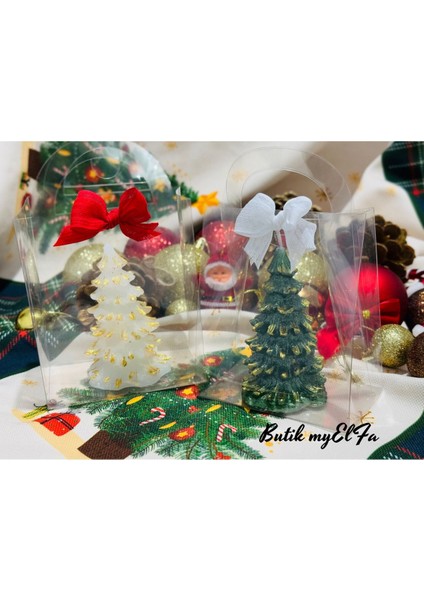 Yılbaşı Hediyesi Çam Ağacı Dekoratif 2'li Şeffaf Çantada Hediyelik Mum Yeşil Beyaz