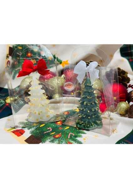 Yılbaşı Hediyesi Çam Ağacı Dekoratif 2'li Şeffaf Çantada Hediyelik Mum Yeşil Beyaz fiyatları