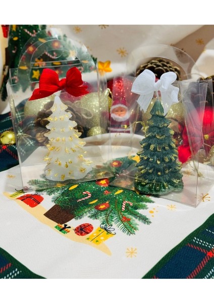 Yılbaşı Hediyesi Çam Ağacı Dekoratif 2'li Şeffaf Çantada Hediyelik Mum Yeşil Beyaz modelleri