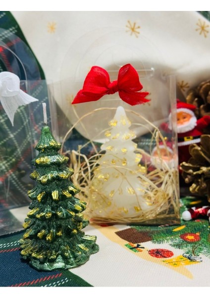 Yılbaşı Hediyesi Çam Ağacı Dekoratif 2'li Şeffaf Çantada Hediyelik Mum Yeşil Beyaz indirimleri