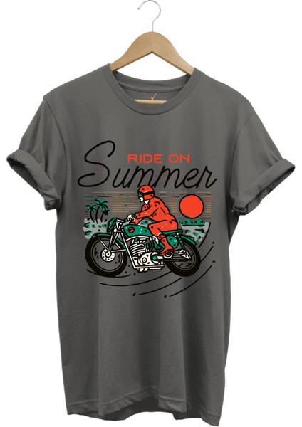 Motorsiklet Motorcu Özel Yaz Tasarımlı Ride On Summer Regular Fit %100 Pamuk T-Shirt