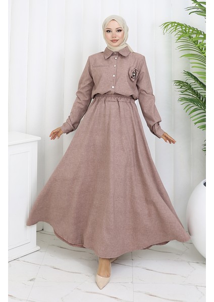 Gül Detaylı Gömlek Etek Ikili Takım 2088-02 Sütlü Kahve