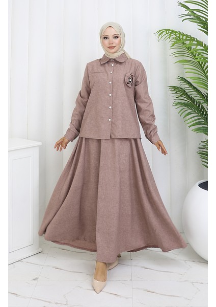 Gül Detaylı Gömlek Etek Ikili Takım 2088-02 Sütlü Kahve modelleri