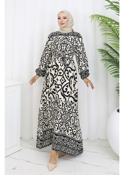 Desenli Kuşaklı Elbise 2091-03 Siyah Beyaz