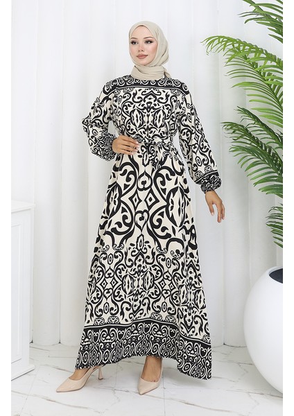 Desenli Kuşaklı Elbise 2091-03 Siyah Beyaz fiyatları