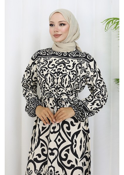 Desenli Kuşaklı Elbise 2091-03 Siyah Beyaz modelleri
