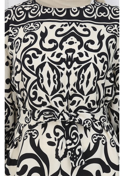 Desenli Kuşaklı Elbise 2091-03 Siyah Beyaz fırsatları