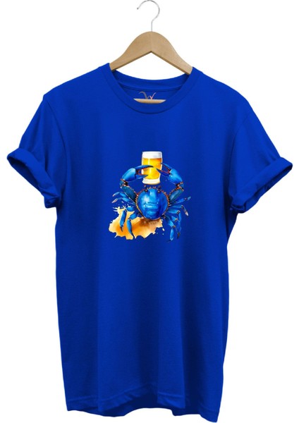Yaz Baskılı Mavi Yengeç %100 Pamuk Regular Fit Bisiklet Yaka T-Shirt