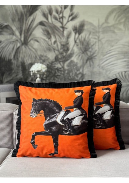 Çift Taraflı Atlı Dekoratif Saçaklı Kırlent Kılıfı 1ADET 43X43(SK-K04)