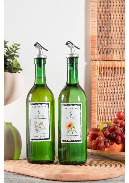 Amber | Ahşap Standlı 2'li 350 ml Zeytinyağı Sıvıyağ Şişesi Yağlık Yağdanlık