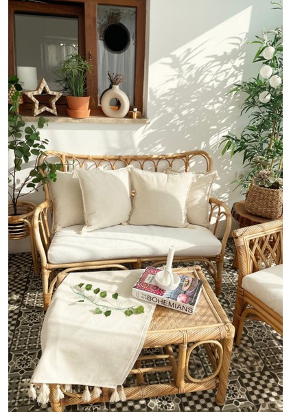 5'li Handmade Elişi Natural Keten Otantik Organik Pamuklu Püsküllü Kırlent Kılıfı & Runner Seti