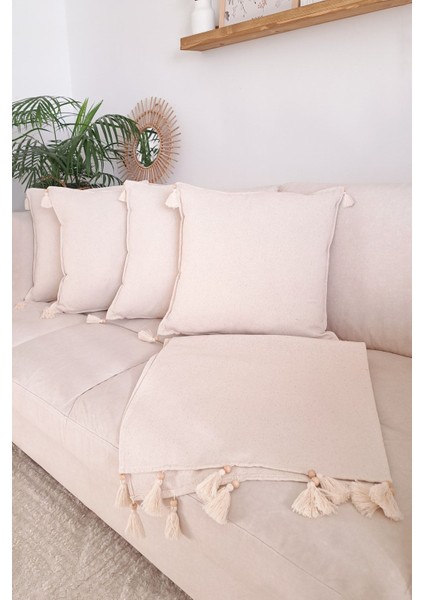 5'li Handmade Elişi Natural Keten Otantik Organik Pamuklu Püsküllü Kırlent Kılıfı & Runner Seti fiyatları