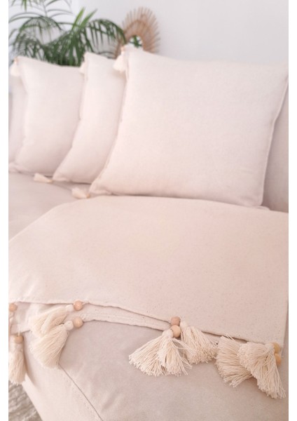 5'li Handmade Elişi Natural Keten Otantik Organik Pamuklu Püsküllü Kırlent Kılıfı & Runner Seti fırsatları