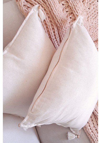 5'li Handmade Elişi Natural Keten Otantik Organik Pamuklu Püsküllü Kırlent Kılıfı & Runner Seti