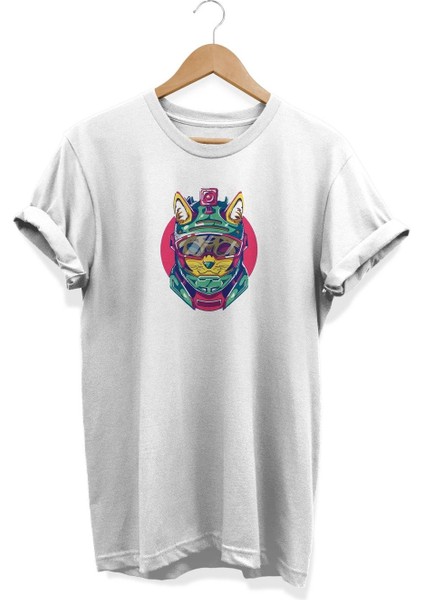 Kasklı Kedi Baskılı T-Shirt