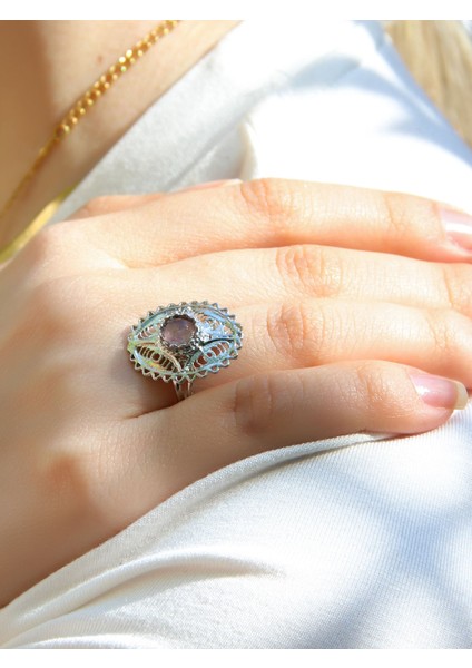Doğal Taş Pembe Kuvars Doğal Taşlı Telkari Modelli Kadın Ayarlanabilir Gümüş Kaplama Yüzük EUY65PKR