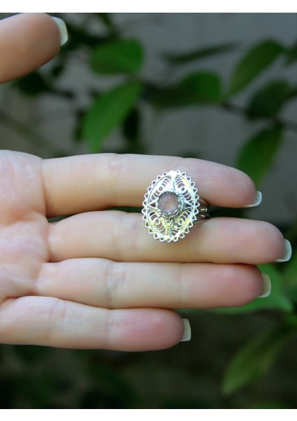 Doğal Taş Pembe Kuvars Doğal Taşlı Telkari Modelli Kadın Ayarlanabilir Gümüş Kaplama Yüzük EUY65PKR modelleri