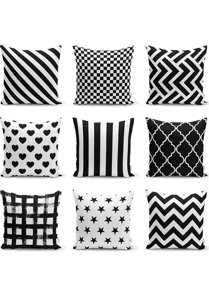 Çift Taraflı Siyah Beyaz Ekose Desenli Dekoratif Raşel Örme Yastık Kırlent Kılıfı
