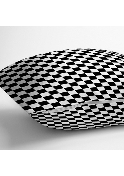 Çift Taraflı Siyah Beyaz Ekose Desenli Dekoratif Raşel Örme Yastık Kırlent Kılıfı
