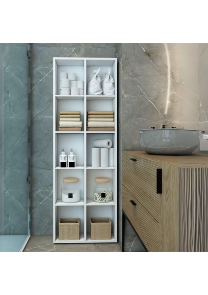 Petek 10 Bölmeli Beyaz Çok Amaçlı Ahşap Dekoratif Raf / Kitaplık & Düzenleyici & Saksı Standı, Çiçeklik