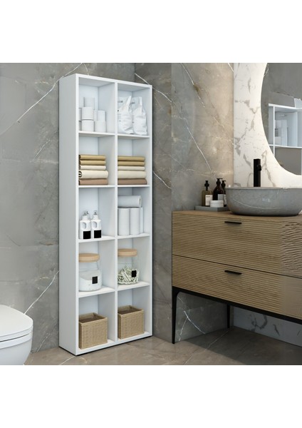 Petek 10 Bölmeli Beyaz Çok Amaçlı Ahşap Dekoratif Raf / Kitaplık & Düzenleyici & Saksı Standı, Çiçeklik