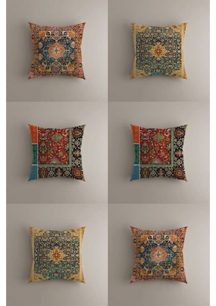 Otantik Halı Desenli 6'lı Kırlent Kılıfı Seti - Çift Taraflı Dijital Baskı - 43X43 cm Dekoratif