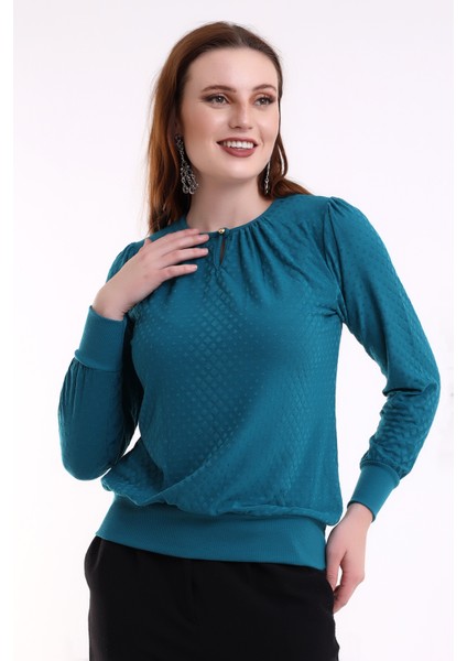 Harare Kadın Büzgülü Damla Yaka Düğmeli Örme Jakar Esnek Penye Uzun Kollu Bluz & Tesettür Bluz