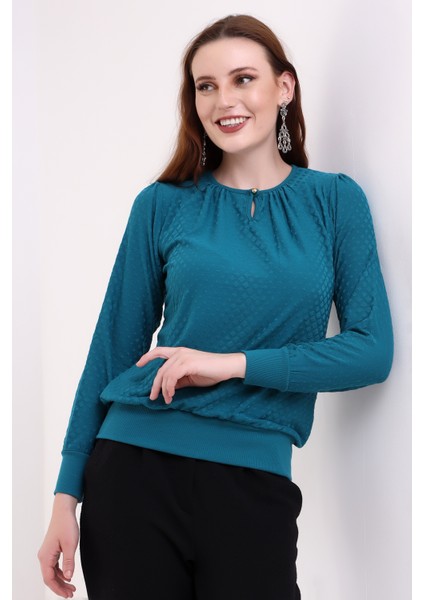 Harare Kadın Büzgülü Damla Yaka Düğmeli Örme Jakar Esnek Penye Uzun Kollu Bluz & Tesettür Bluz modelleri