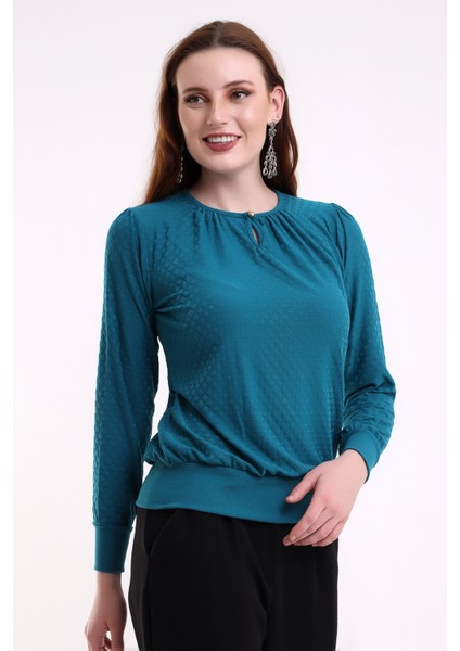 Harare Kadın Büzgülü Damla Yaka Düğmeli Örme Jakar Esnek Penye Uzun Kollu Bluz & Tesettür Bluz fırsatları