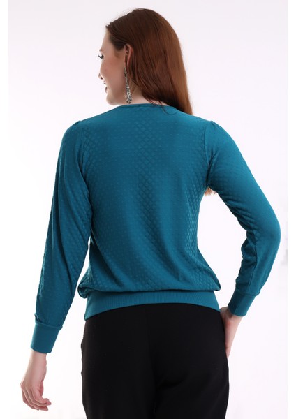 Harare Kadın Büzgülü Damla Yaka Düğmeli Örme Jakar Esnek Penye Uzun Kollu Bluz & Tesettür Bluz indirimleri