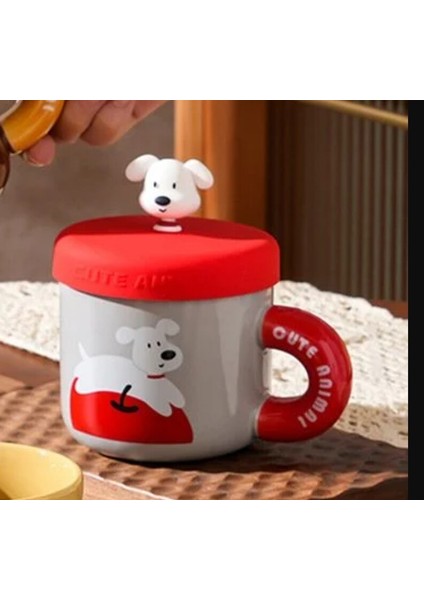 Porselen Kupa Kapaklı Köpek Figürlü Kırmızı Elma Cute Animal 1 Adet