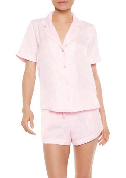 Kelebek Desenli Saten Gömlek ve Şort Pijama Takımı